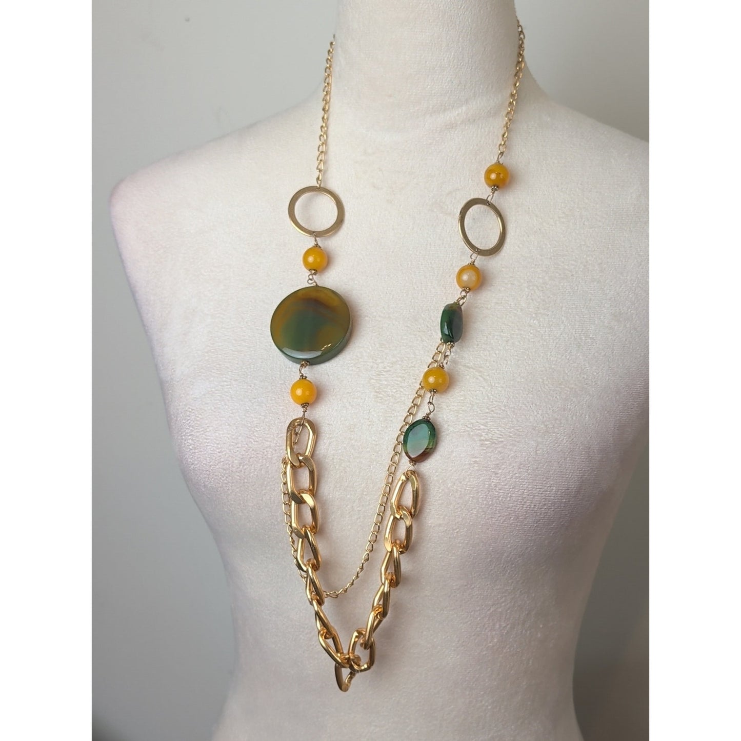 Gold Tone Statement Necklace with Genuine Green Agate & Glass Beads Asymmetric