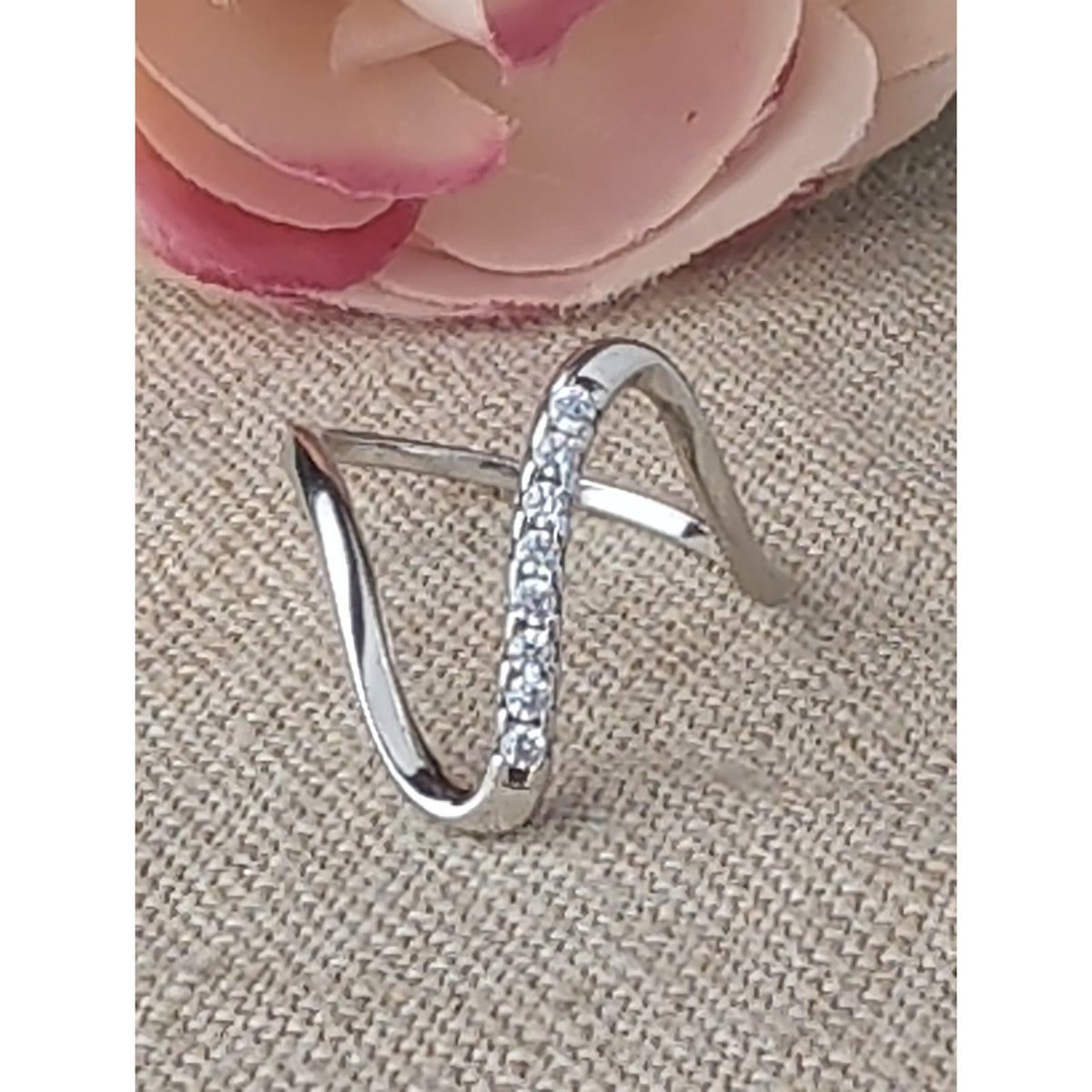 Vintage IBB CN 925 Sterling Silver Wave Ring, Cubic Zirconia Pave Curved Swirl Bypass Band,