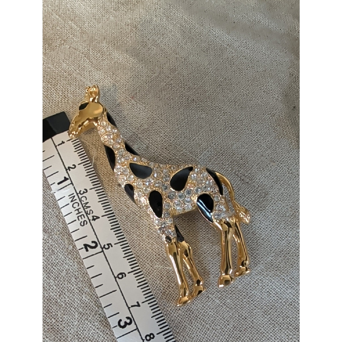 Vintage Giraffe Rhinestone Brooch Gold Tone Black Enamel Safari Glam