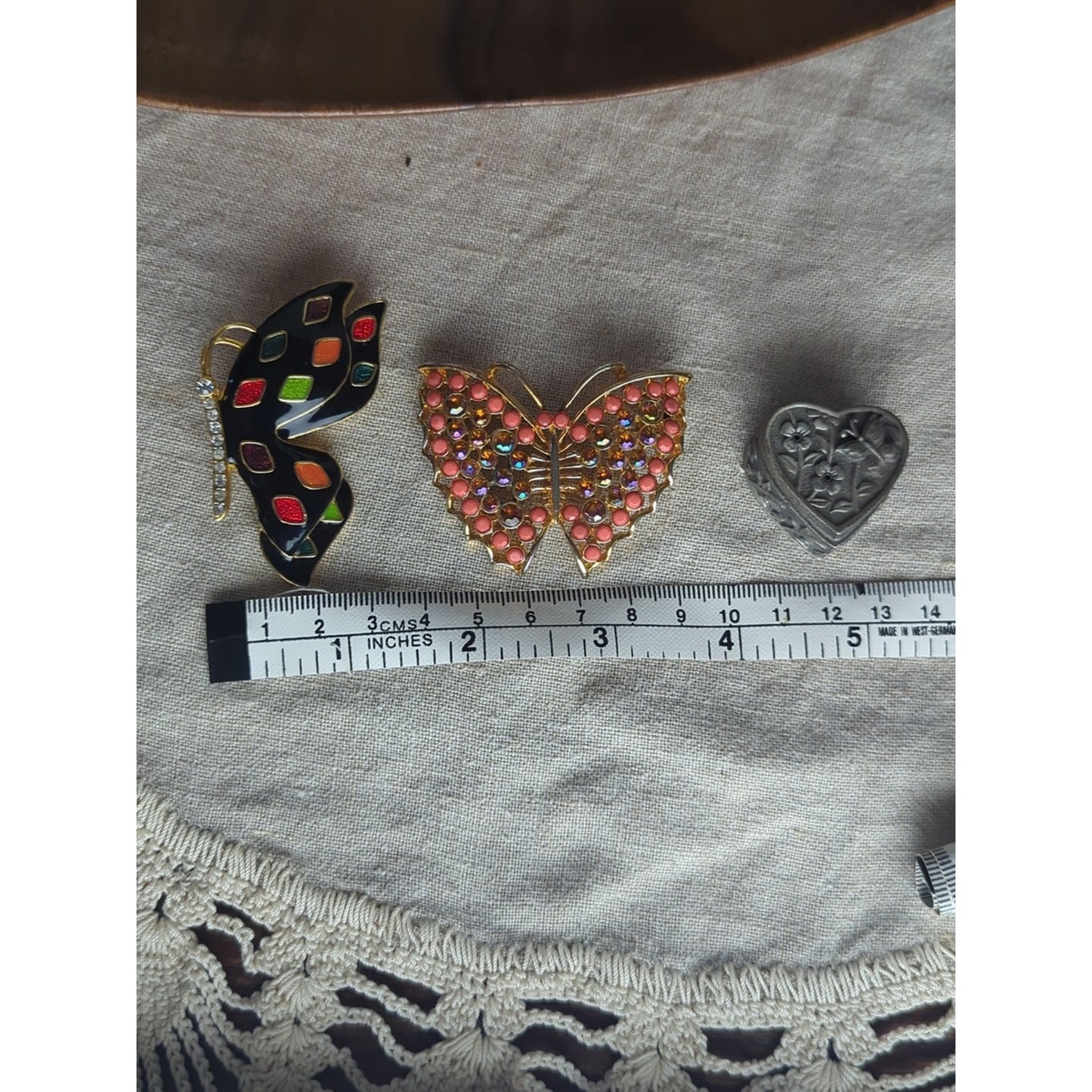 Vintage Butterfly Brooch Set 90s Enamel Rhinestone Butterflies Heart Trinket Box