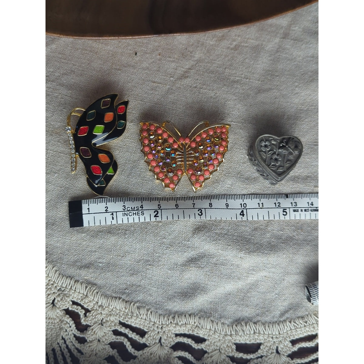 Vintage Butterfly Brooch Set 90s Enamel Rhinestone Butterflies Heart Trinket Box
