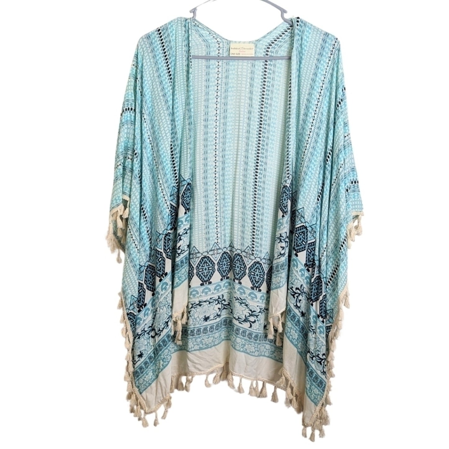 Beachy Aztec Turquoise  Open Front Cardigan Tassels One Size Women's