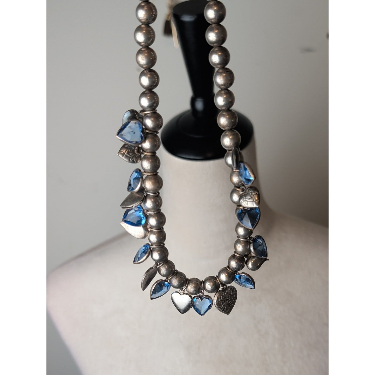 Vintage Artisan Heart Charm Necklace Sterling Accent Blue Faceted Glass