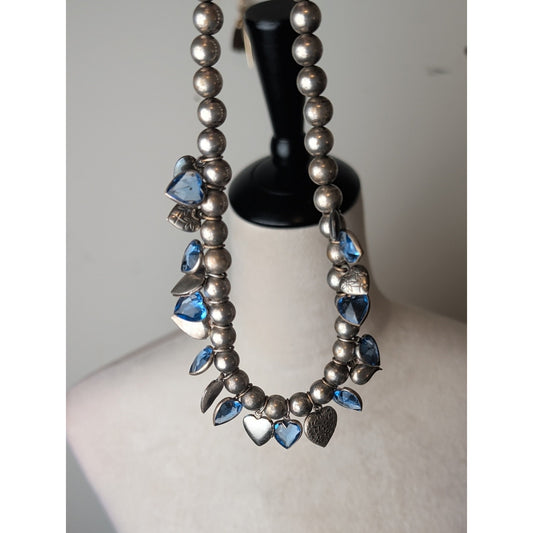 Vintage Artisan Heart Charm Necklace Sterling Accent Blue Faceted Glass