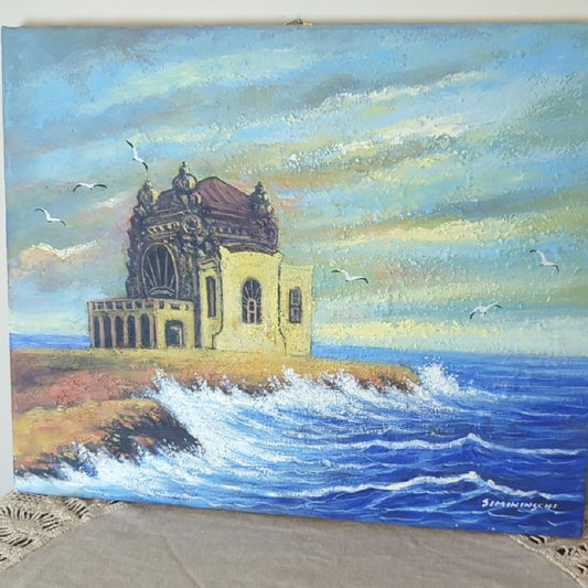 Signed Coastal Seascape Texture Painting Mediterranean Architecture Ocean Waves