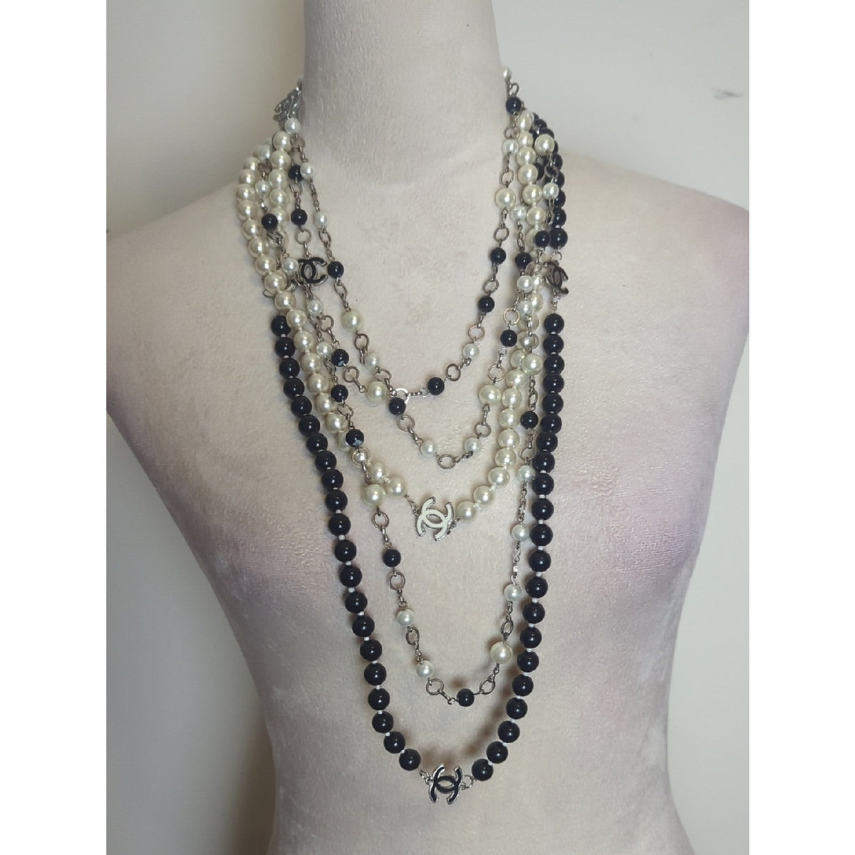 Black & Ivory Pearl Statement Necklace Layered Long Beaded Statement Strand