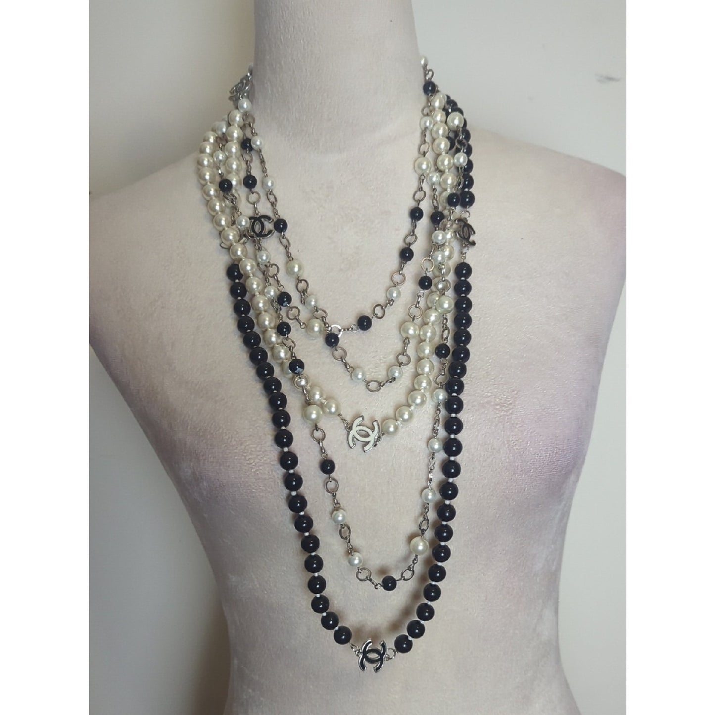 Black & Ivory Pearl Statement Necklace Layered Long Beaded Statement Strand