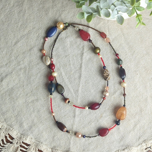 Eclectic Beaded Necklace Mixed Stone Glass Pearl Boho Statement Necklace Earthy