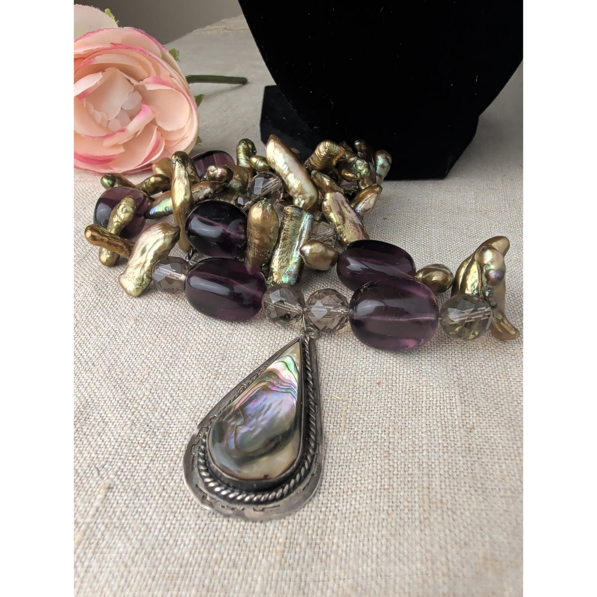 Vintage Mexican Sterling Silver Artisan Necklace, Inlay Abalone Shell Pendant, Iridescent Stick Pearl & Purple UV  Glass Beads, Signed DE 925