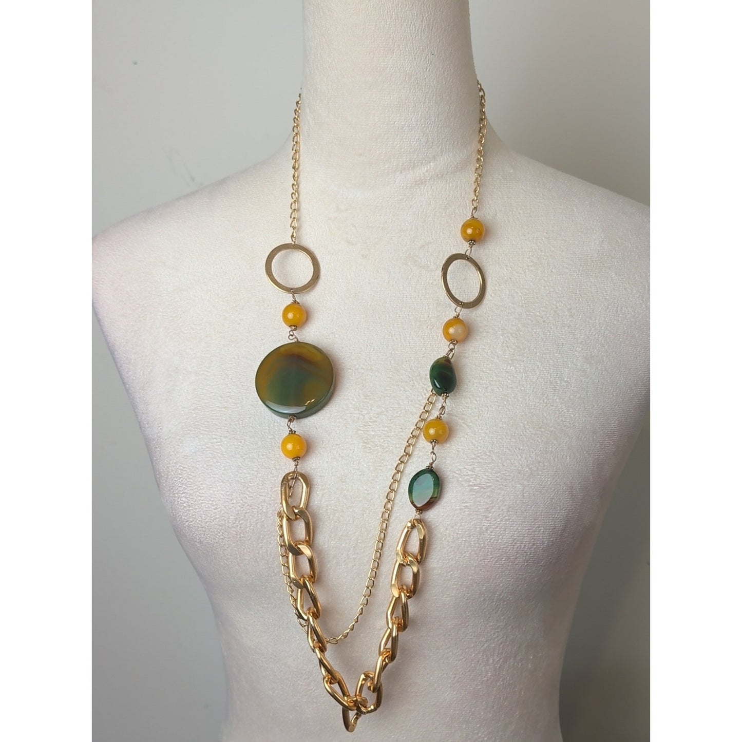 Gold Tone Statement Necklace with Genuine Green Agate & Glass Beads Asymmetric