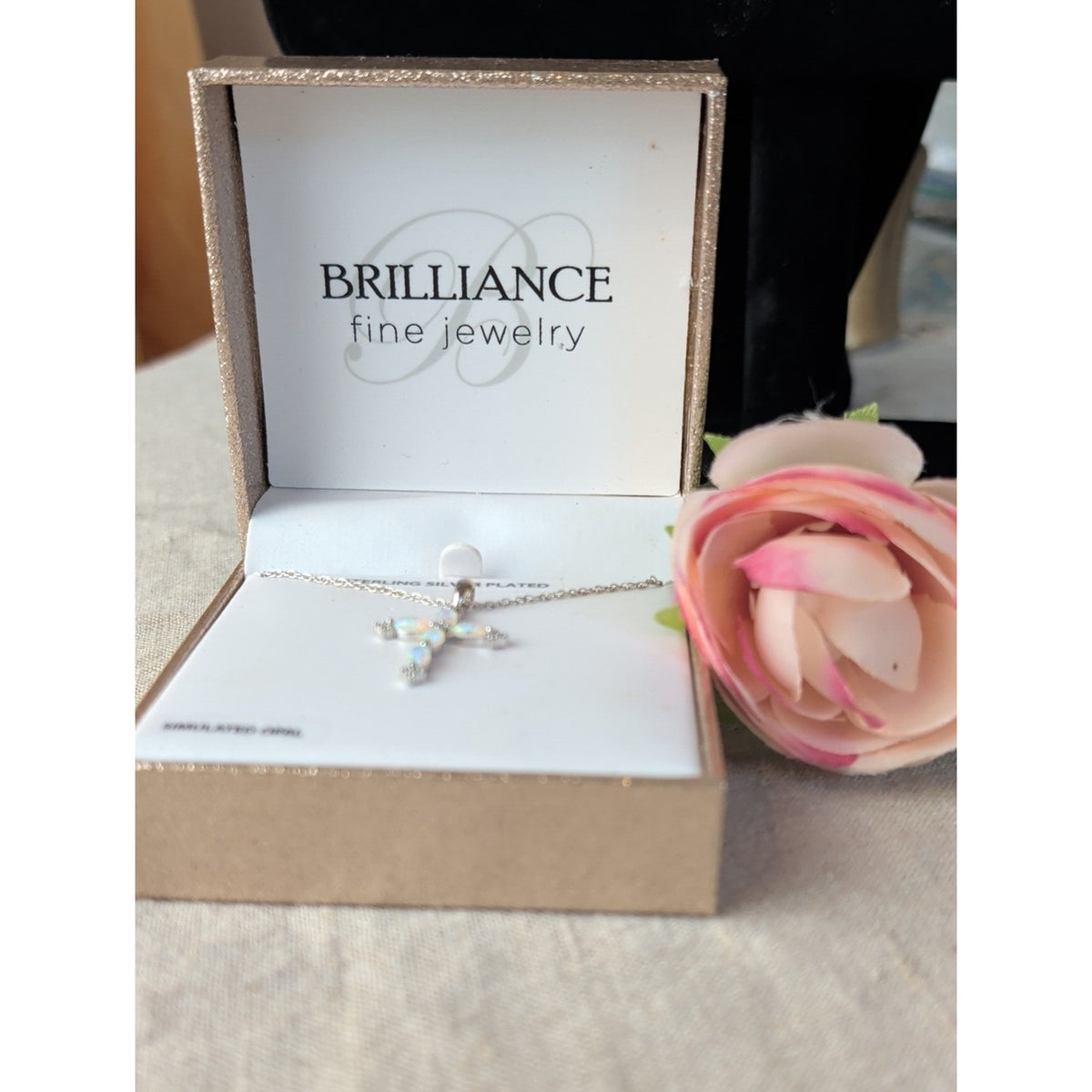 Brilliance Fine Jewelry Simulated Opal Cross Necklace Sterling Silver Plated