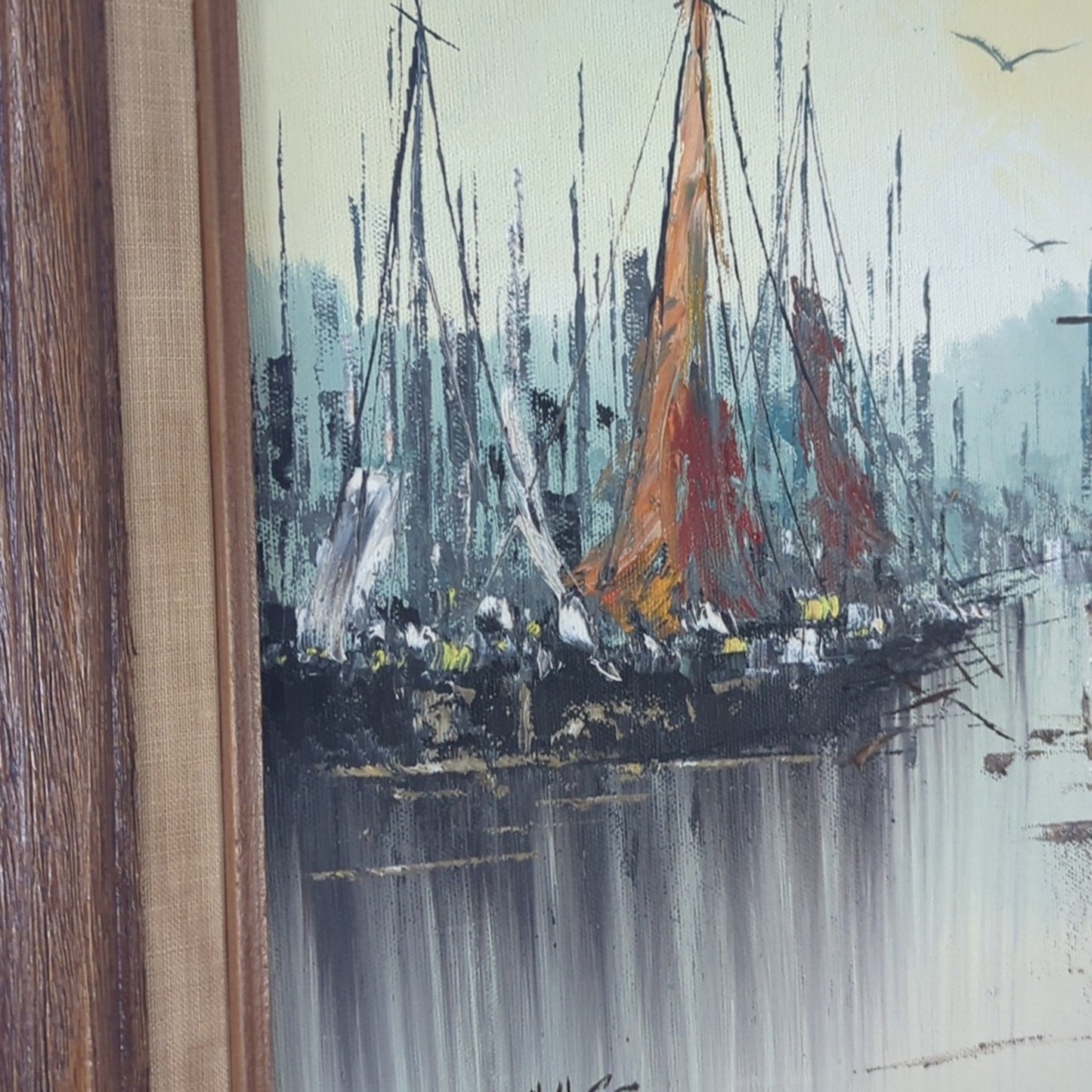 Vintage Harbor Village Oil Painting on Canvas Signed Framed Coastal European