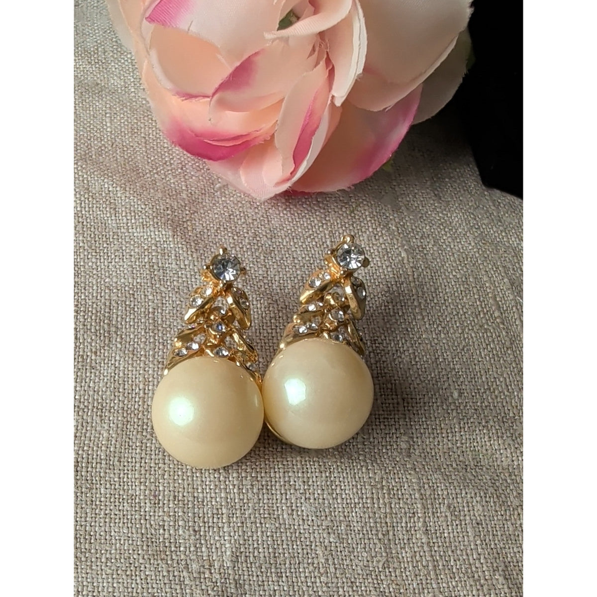 Vintage 80s 90s Faux Pearl Rhinestone Drop Earrings Gold Tone Statement Glam