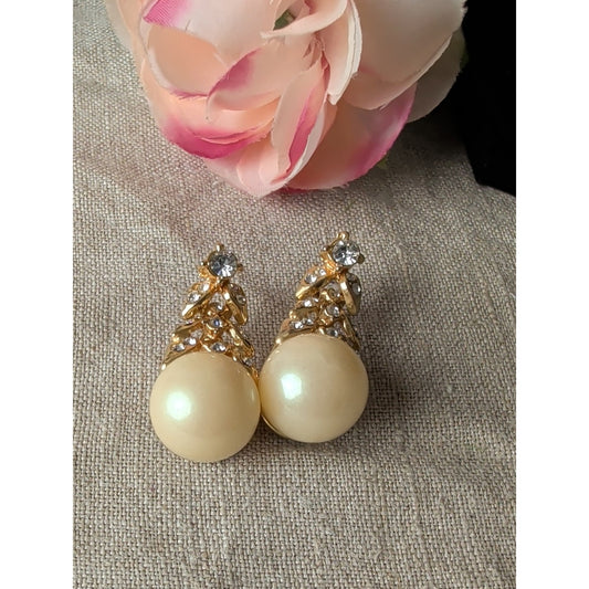 Vintage 80s 90s Faux Pearl Rhinestone Drop Earrings Gold Tone Statement Glam