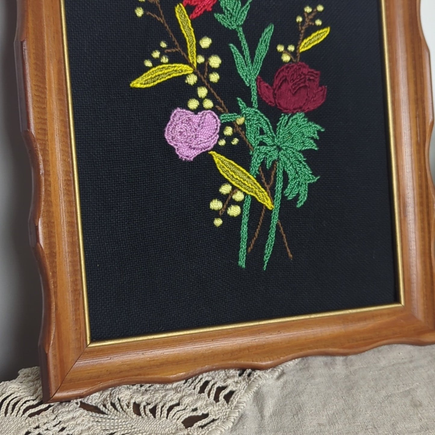 Vintage Floral Crewel Embroidery Framed Art, Romantic Cottage Wall  Art