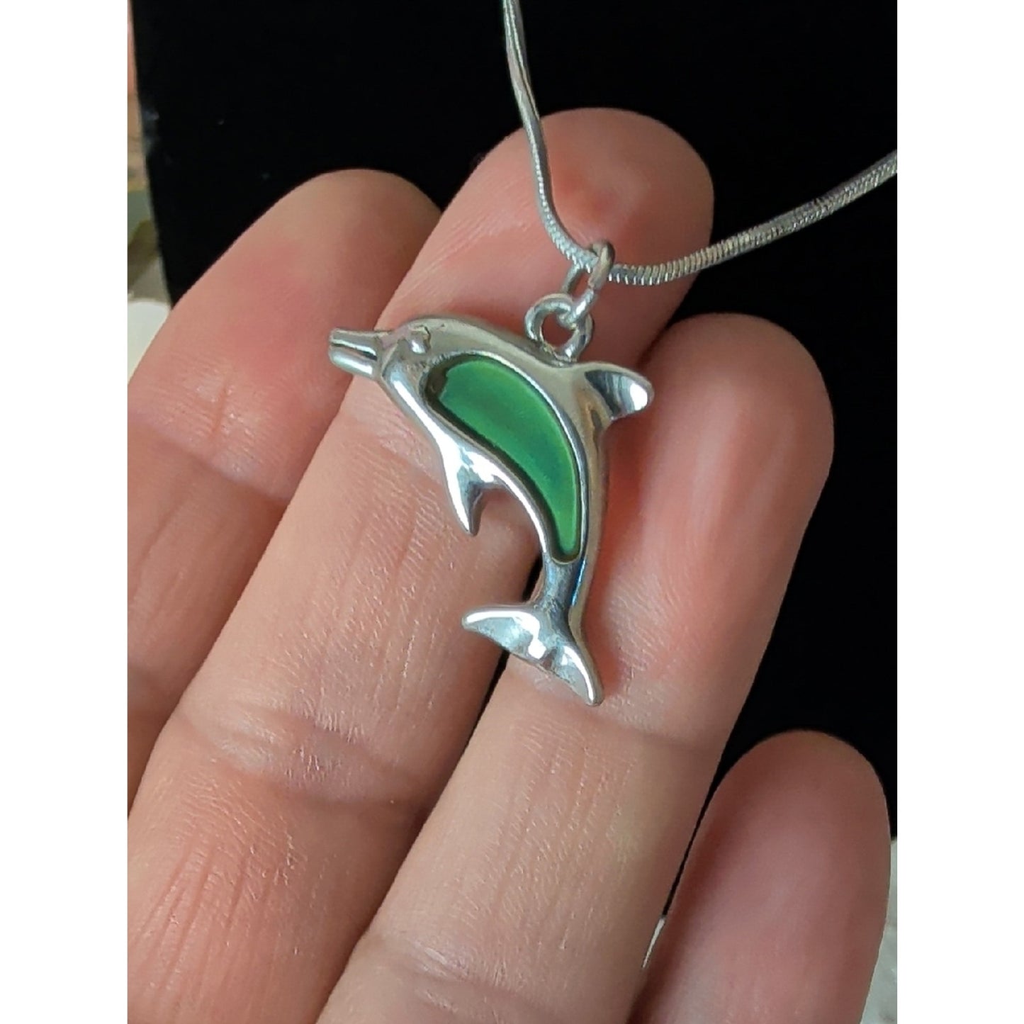 Vintage Dolphin Mood Necklace Silver Tone Coastal Nostalgia Pendant 90s