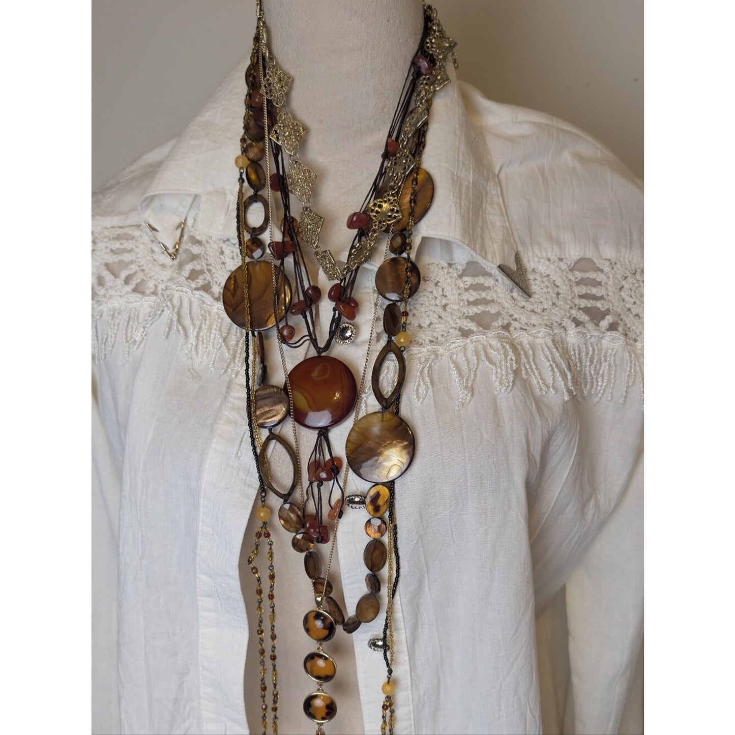 Curated Boho Luxe Necklace Collection 5 Layered Necklaces Agate, Shell, Glass