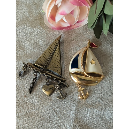 Vintage Nautical Sailboat Brooch Lot JJ Avon  Coastal Grandma Maritime Cottagec