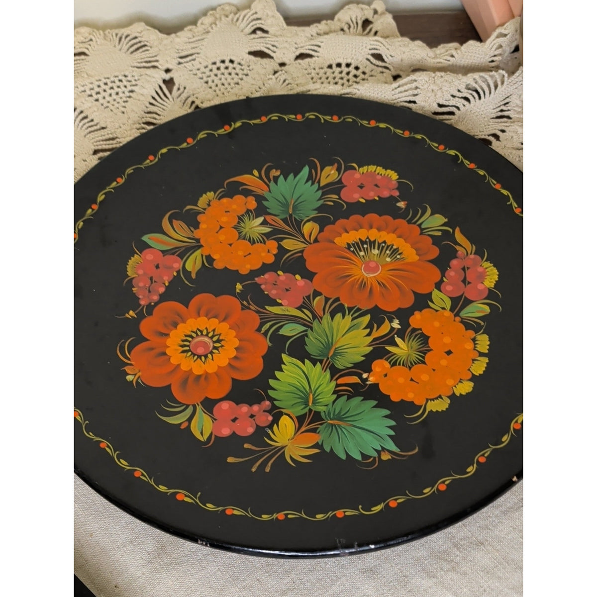 Vintage 1991 Ukrainian Petrykivka Hand Painted Wood 13” Folk Art Wall Plate USSR