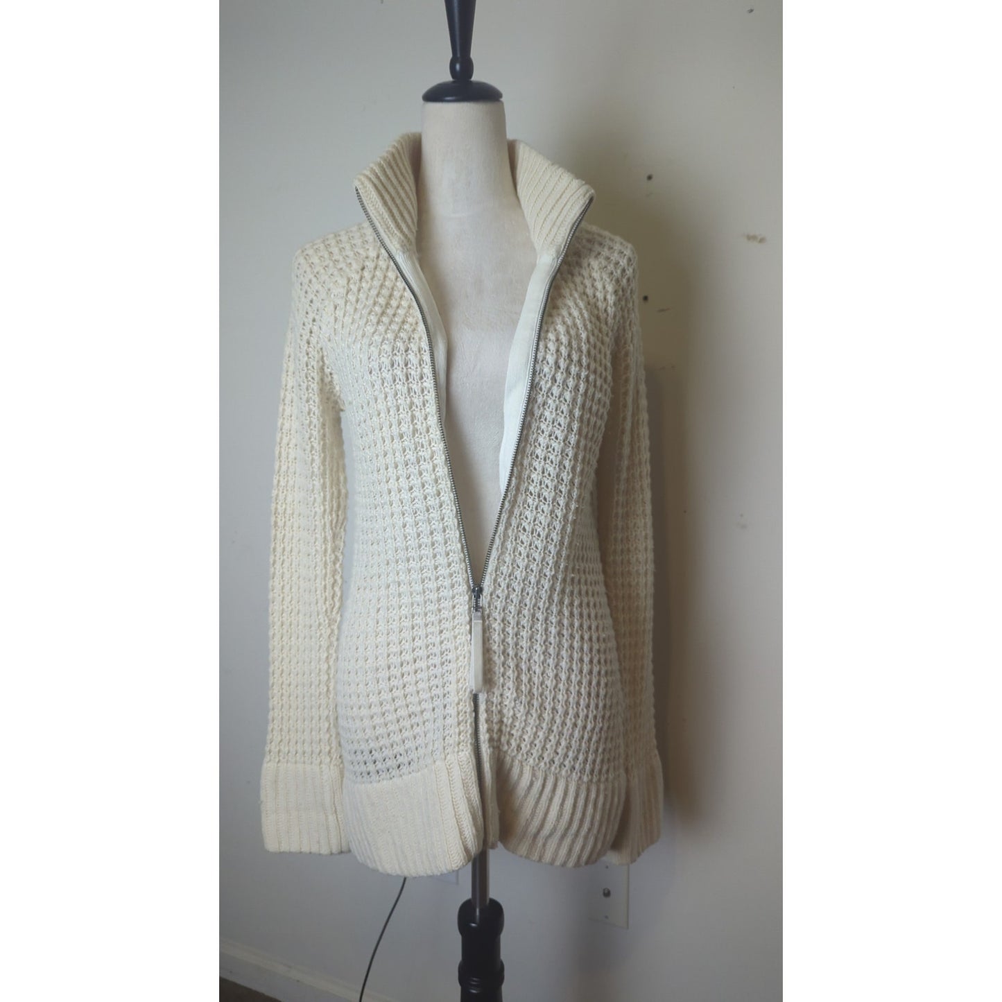 Ski Lodge Minimalist Cozy Waffle Knit Zip Wool Blend Cardigan Women's M*
