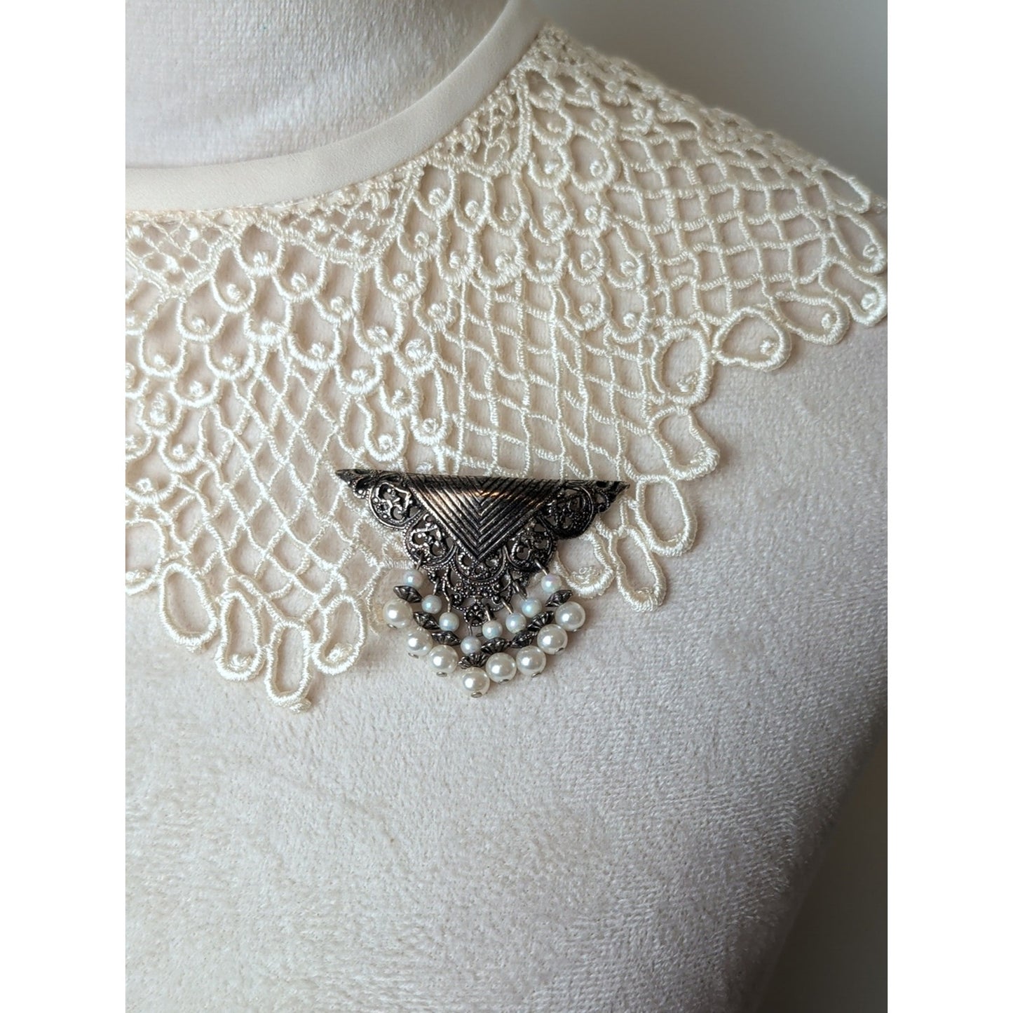 Vintage 90's Filigree Faux Pearl Dangle Brooch Antiqued Tone Victorian Revival