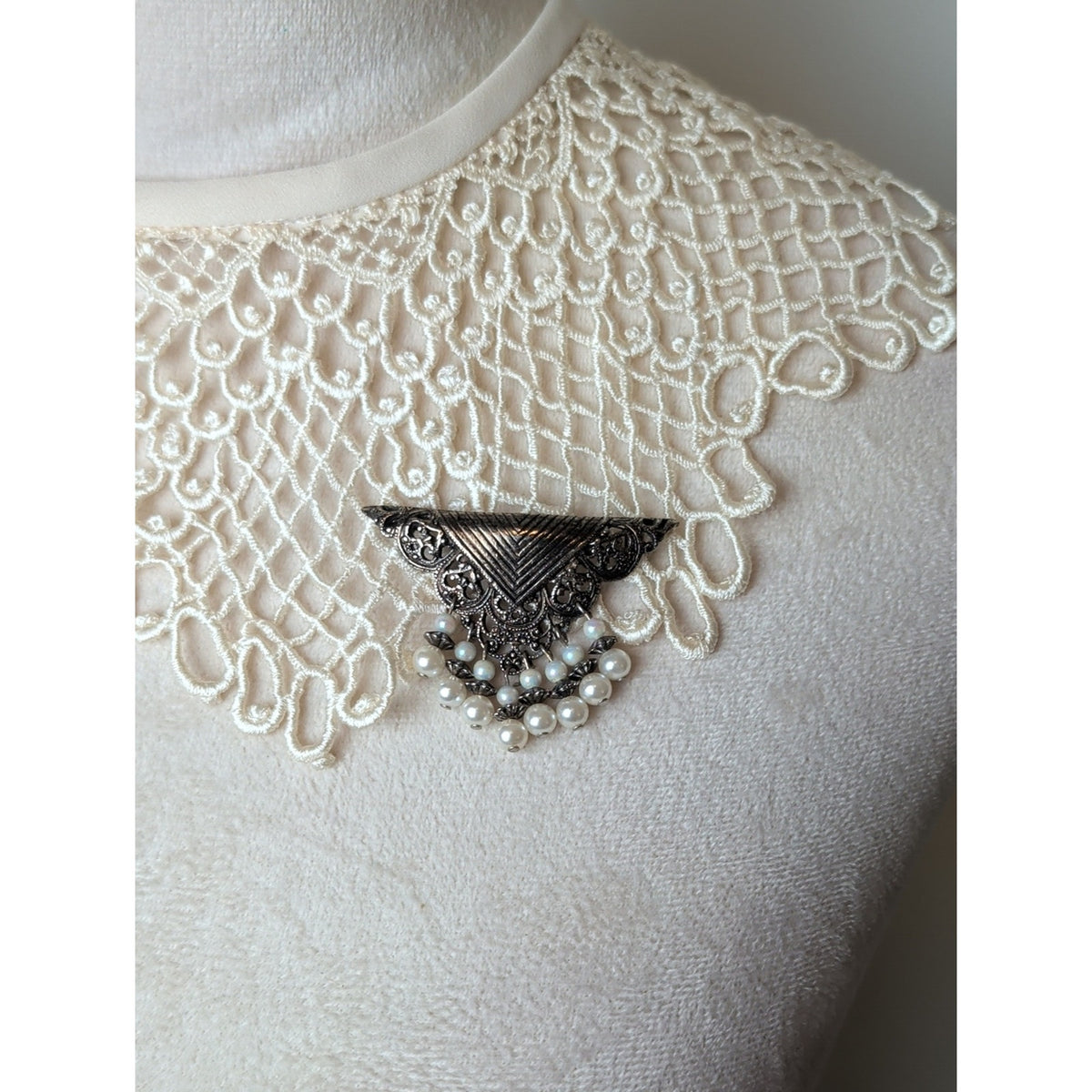 Vintage 90's Filigree Faux Pearl Dangle Brooch Antiqued Tone Victorian Revival