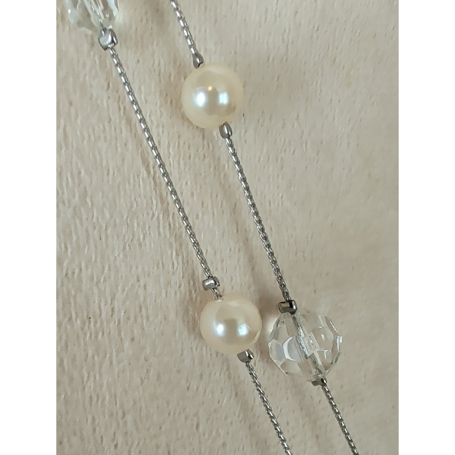 Vintage Opera Length Faux Pearl & Glass Crystal Necklace Romantic Coquette