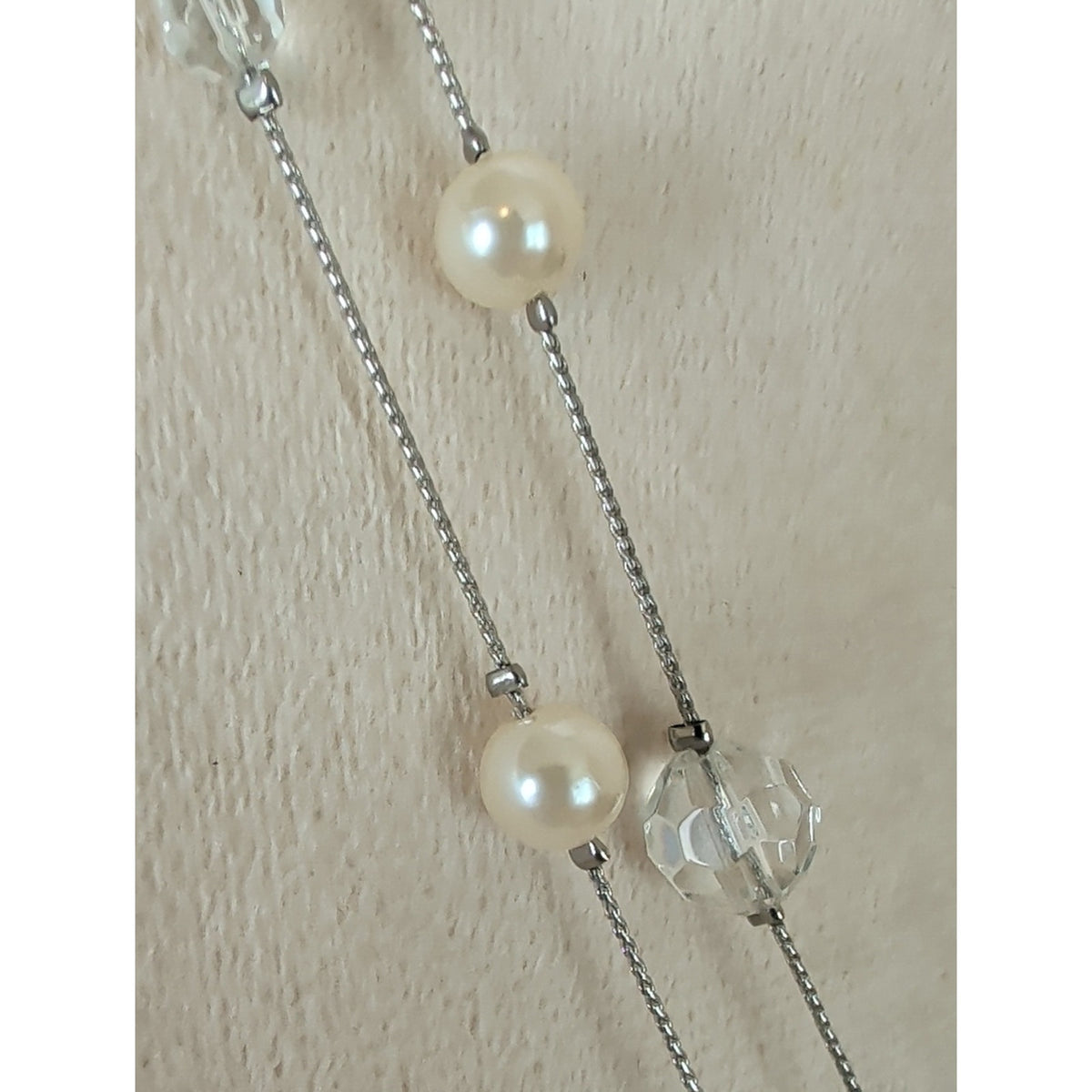 Vintage Opera Length Faux Pearl & Glass Crystal Necklace Romantic Coquette