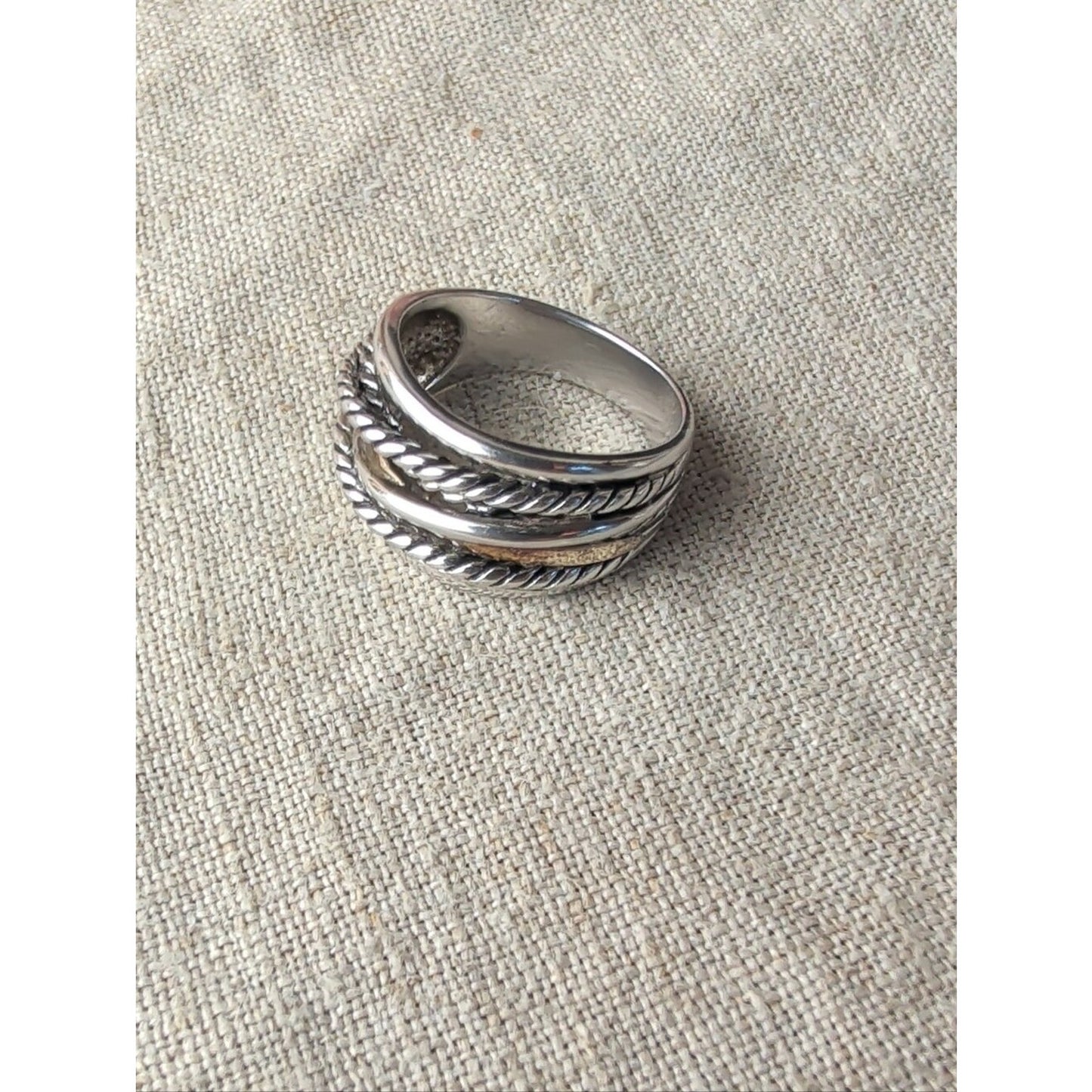 925 Sterling Silver 14K Gold Accent Ring Two Tone Wide Statement Band