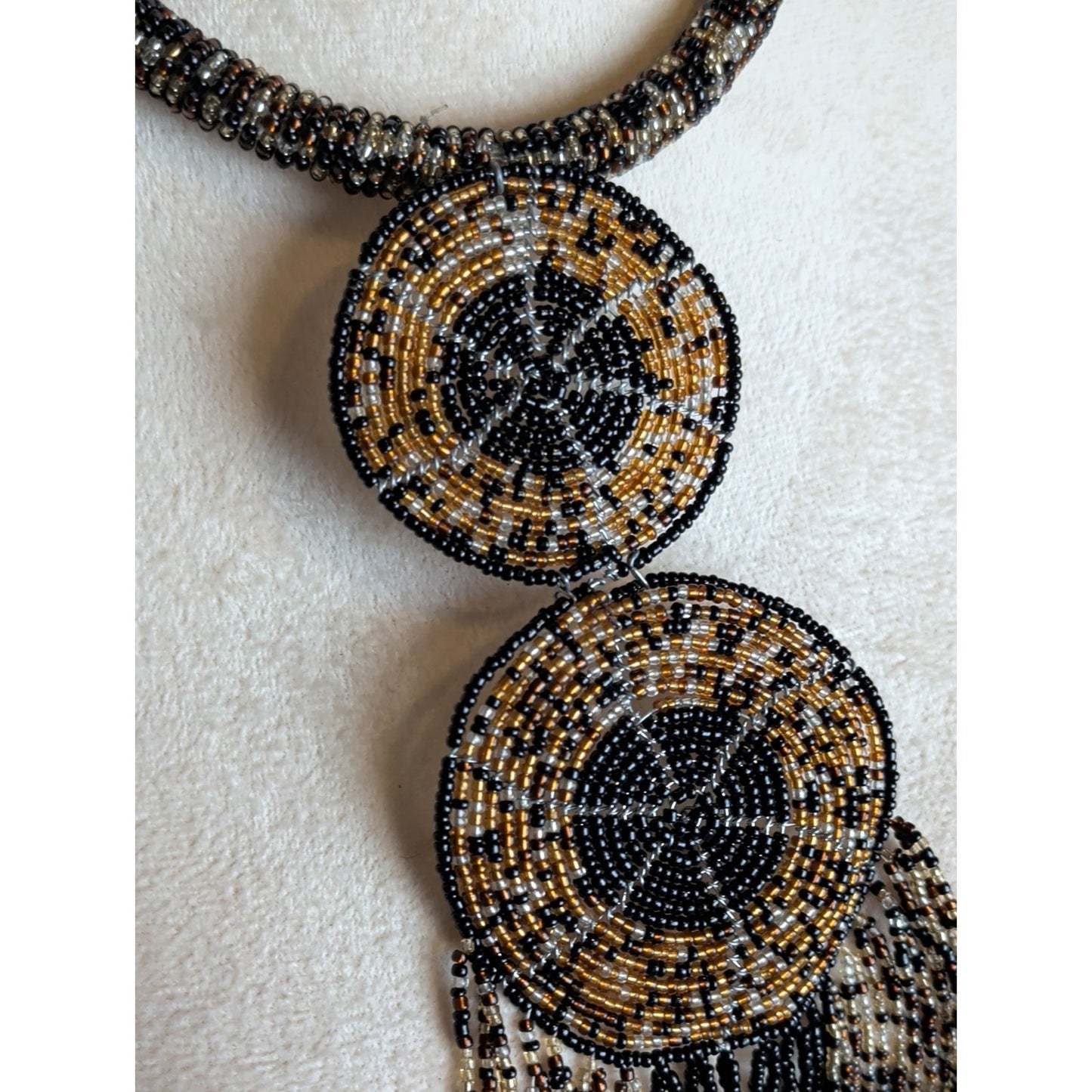 Handcrafted Beaded Fringe Statement Necklace Tribal Boho Luxe Wearable Art