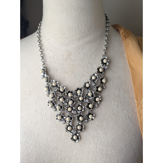 Victorian Style Floral Bib Necklace Antique Silver Tone Rhinestone Dark Romantic