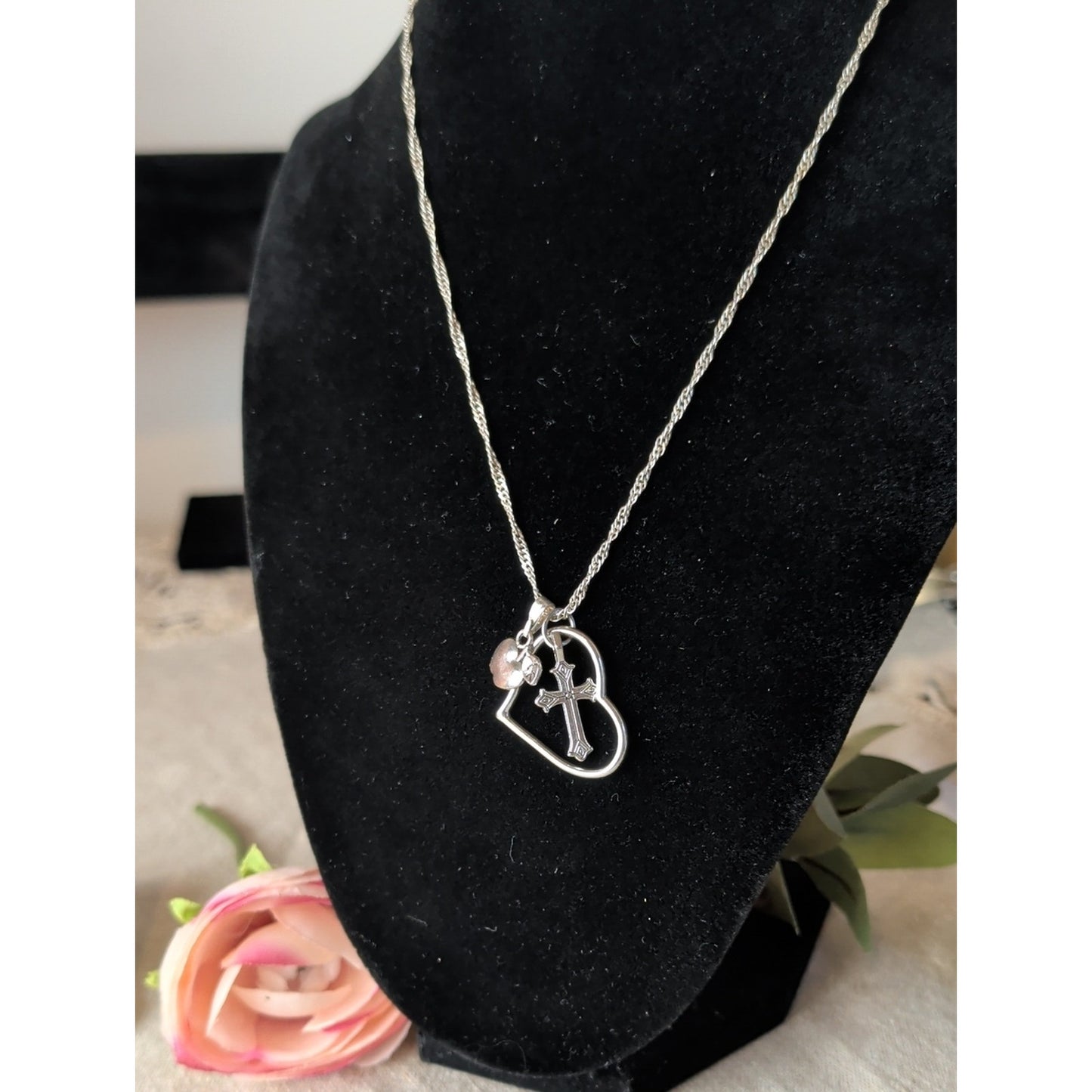 Teacher Apple Heart Cross Charm Necklace Faith Inspire Silver Tone Gift