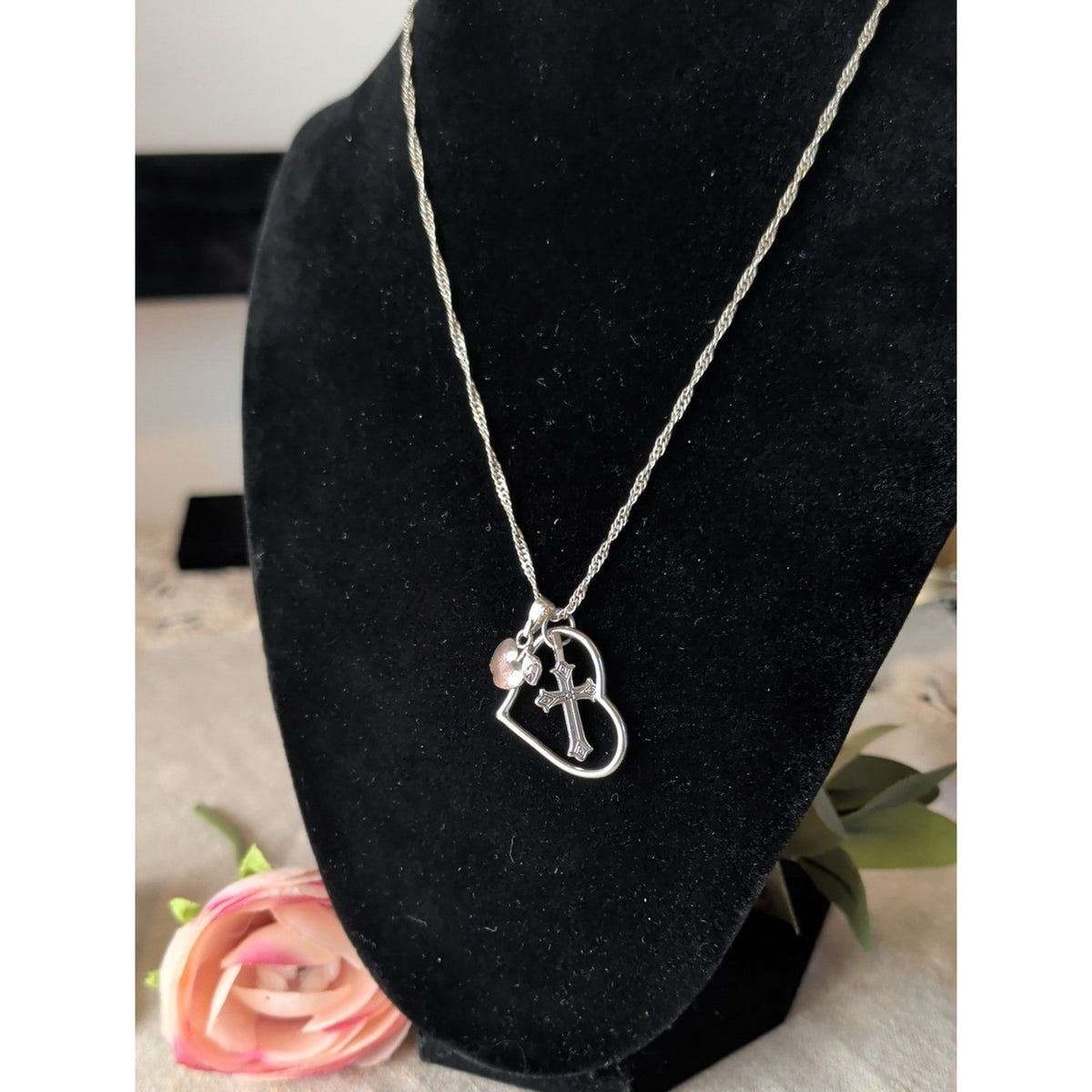 Teacher Apple Heart Cross Charm Necklace Faith Inspire Silver Tone Gift