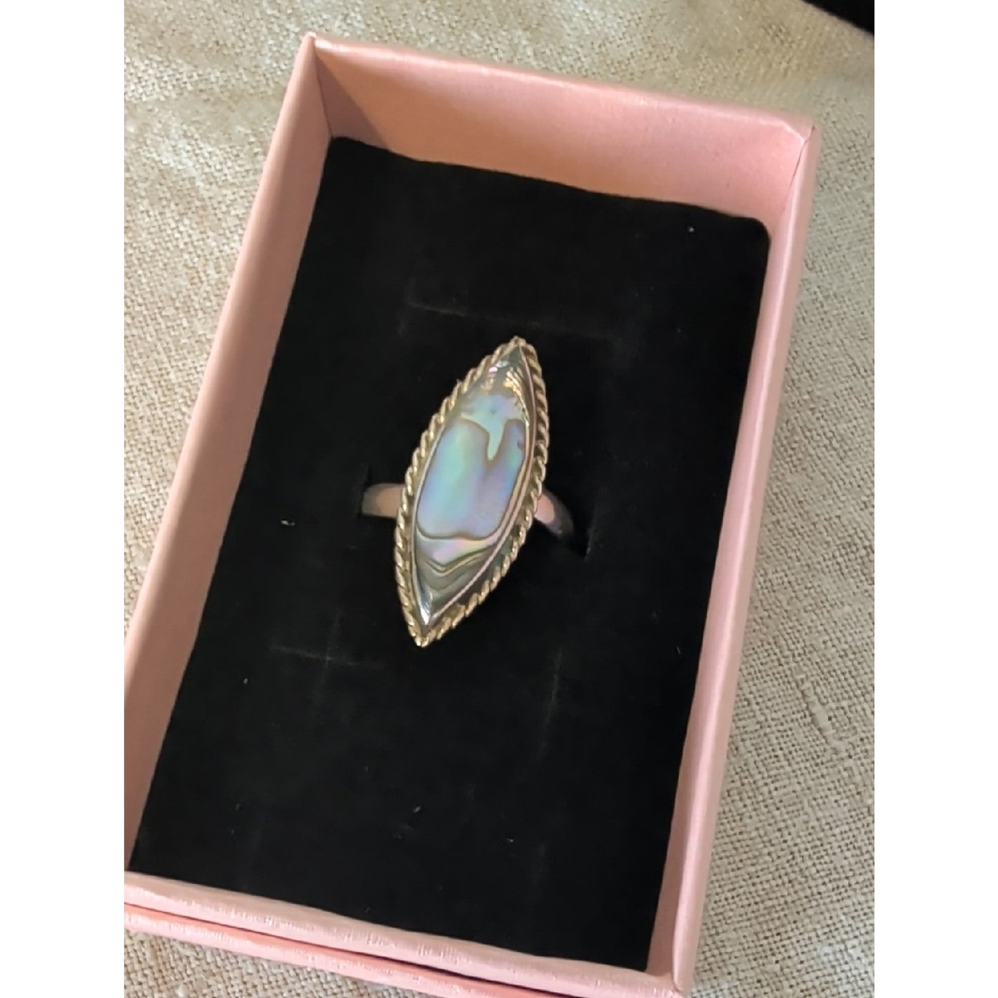Vintage Mexico Abalone Shell Ring  Alpaca Silver Marquise Artisan Ring