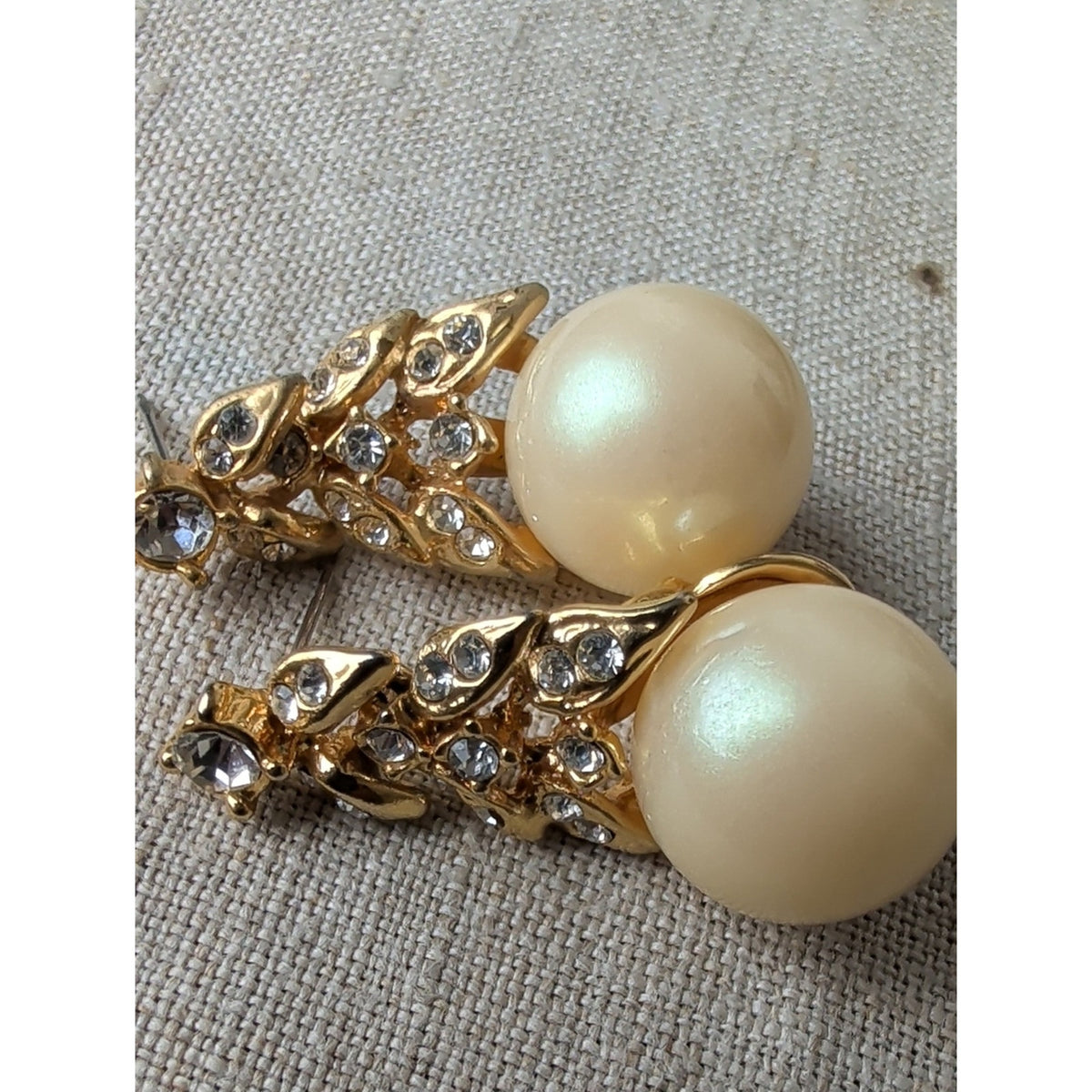 Vintage 80s 90s Faux Pearl Rhinestone Drop Earrings Gold Tone Statement Glam