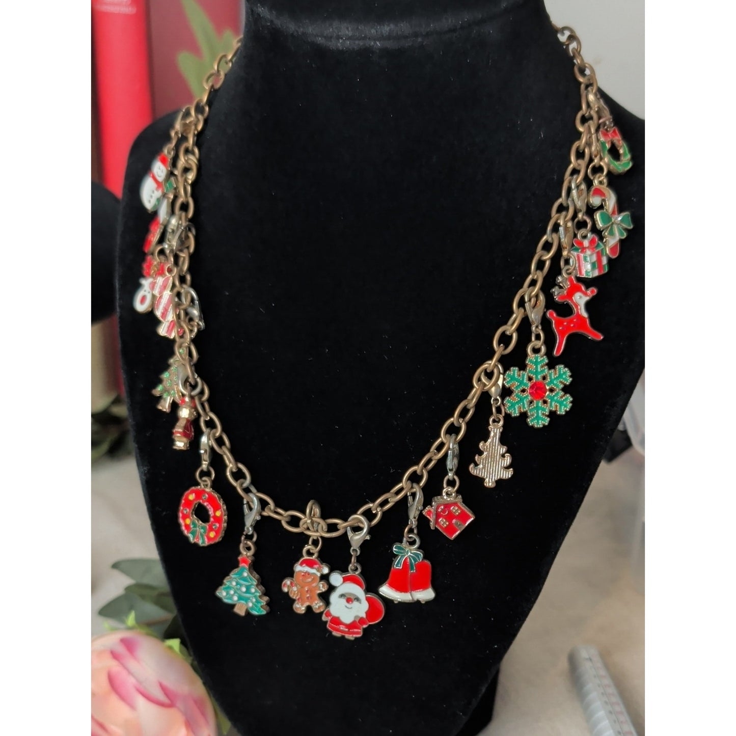 Vintage Christmas Charm Necklace Eclectic Holiday Charm Necklace Whimsical