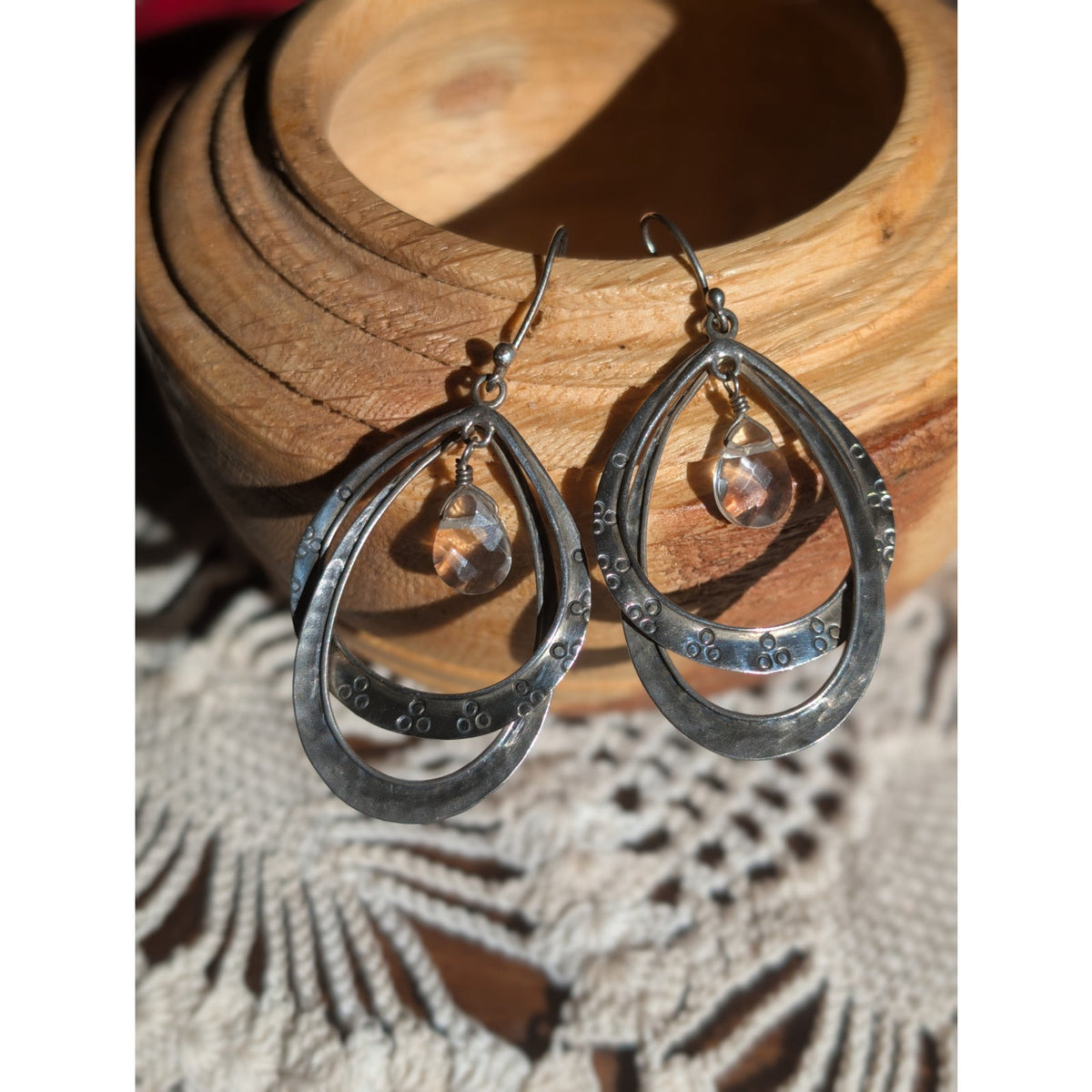 Vintage Silpada Sterling Silver Teardrop Double Hoop Dangle Earrings with Faceted Crystal Drops, Retired Boho Jewelry Style W1681