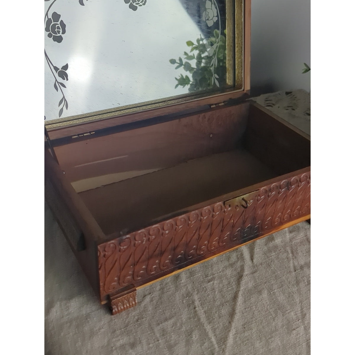 Vintage Carved Wood Keepsake Box | Storybook Cottage Jewelry Chest | Ornate Foot