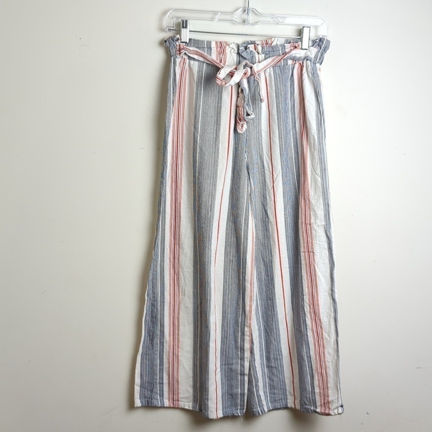 Beachy Loungwear Linen Blend Wide Leg Pull on Striped Capris Small