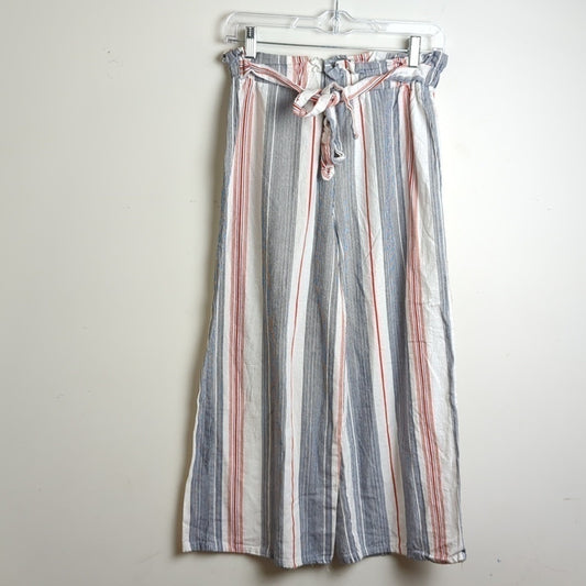 Beachy Loungwear Linen Blend Wide Leg Pull on Striped Capris Small