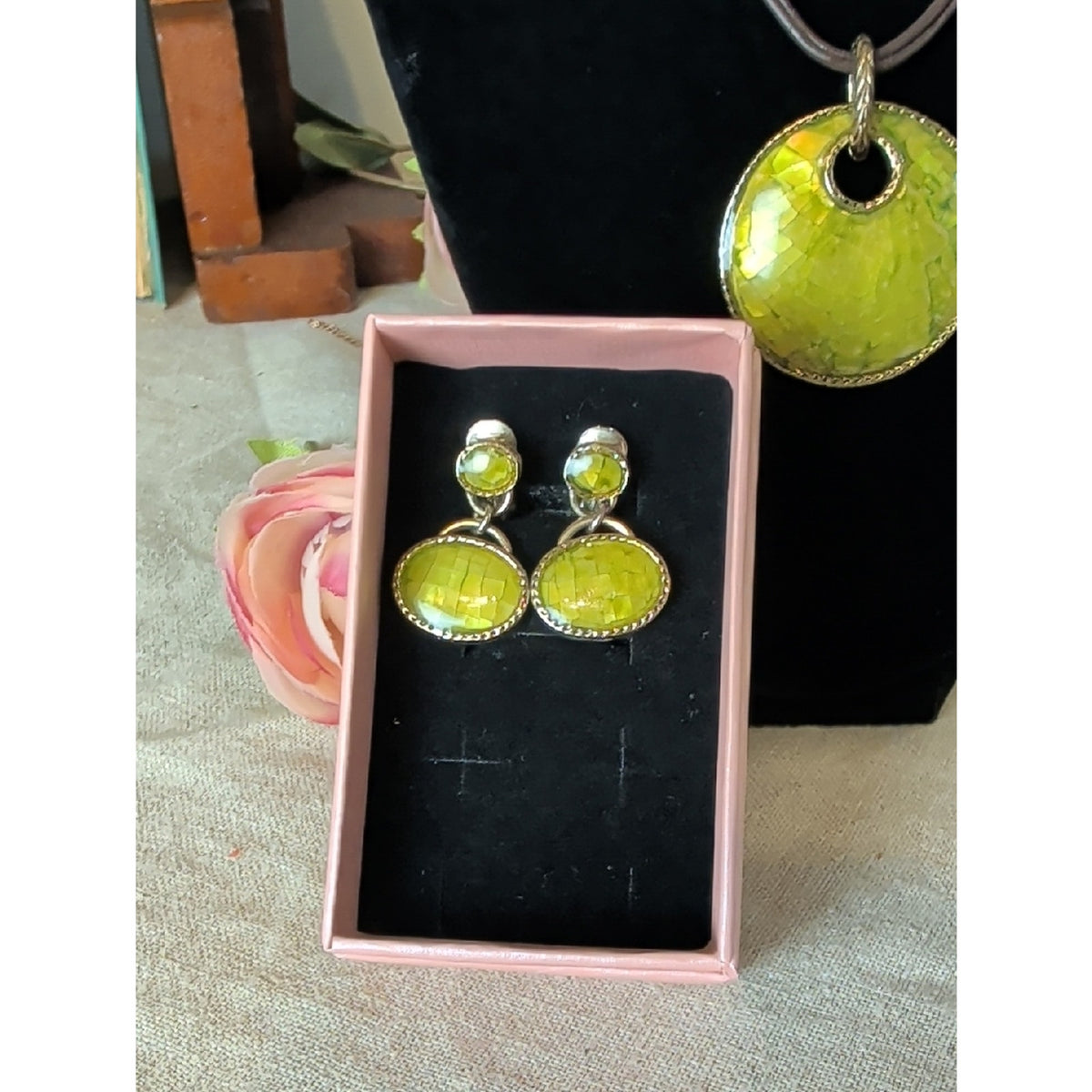 Vintage Monet Shell Mosaic Pendant Necklace & Matching Clip Earrings Set