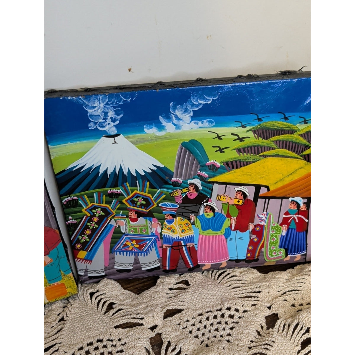 Ecuadorian Folk Art Paintings Pair Hand Painted Andean Village Textured Canvas