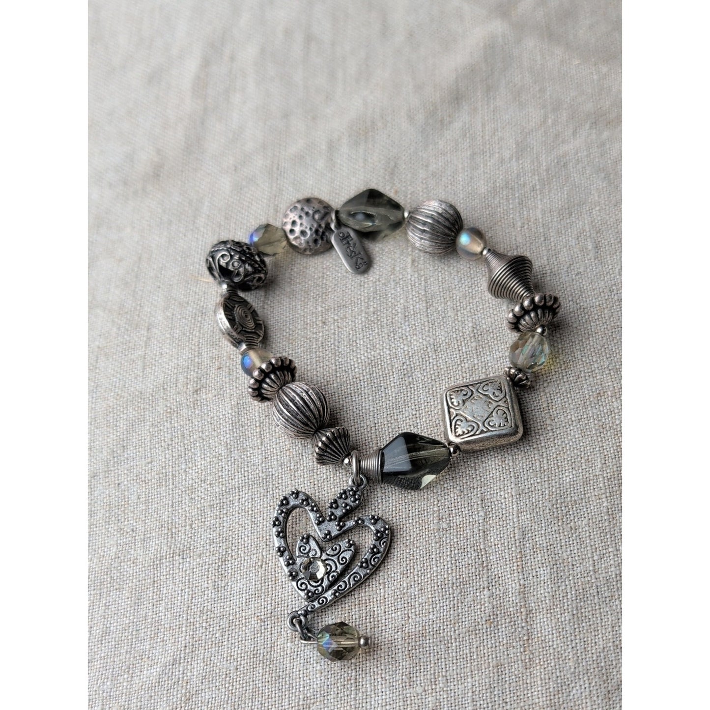 Vintage Treska Y2K Boho Heart Charm Bracelet  Silver Tone Artisan Statement