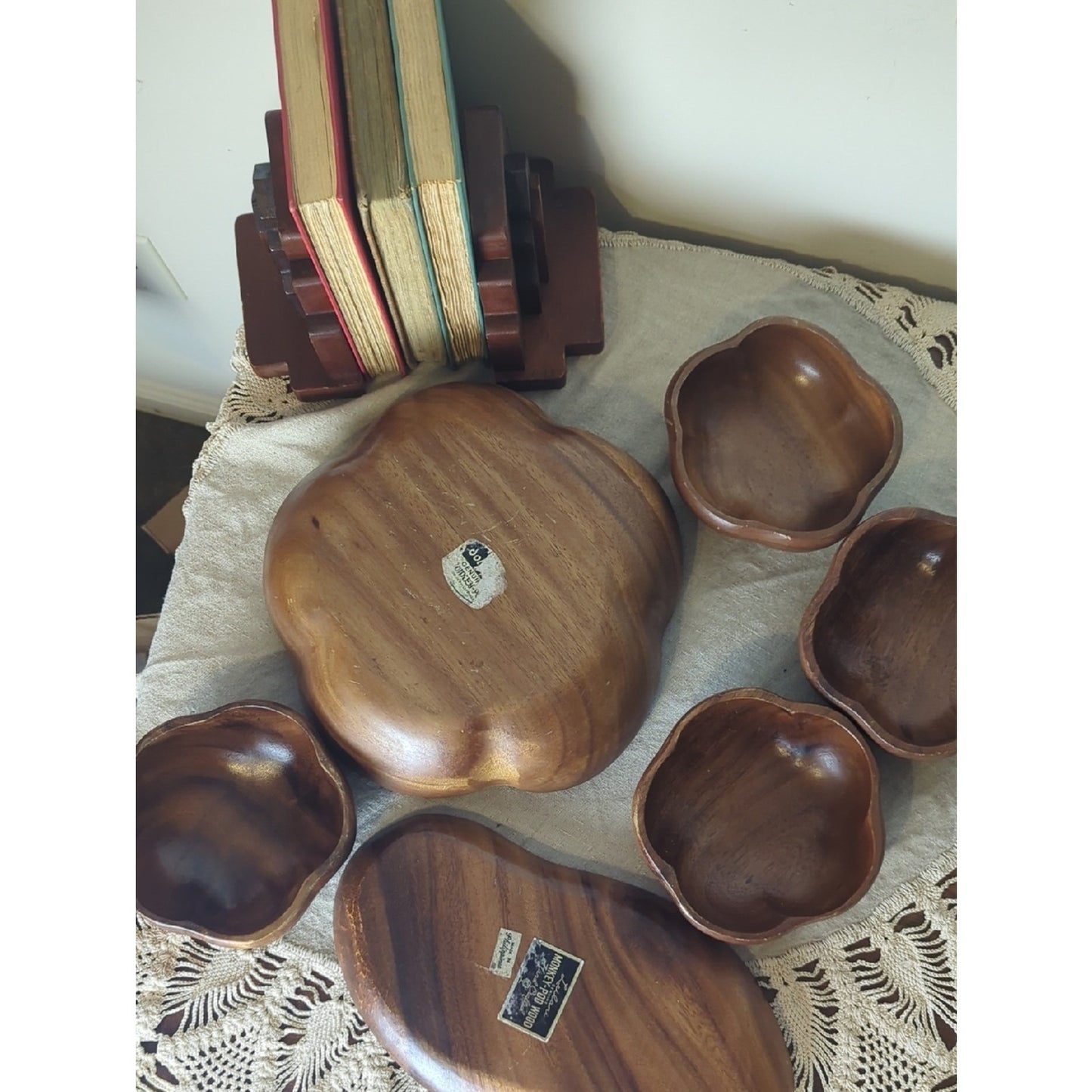 Vintage Monkey Pod Wood Serving Set 6 Pc Hand Carved Bowls + Platter