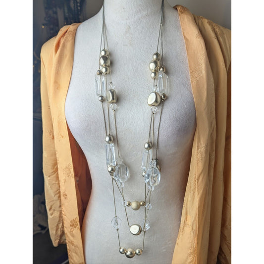 3 Strand Opera Necklace Silver Tone Clear Bead Chunky Art To Wear