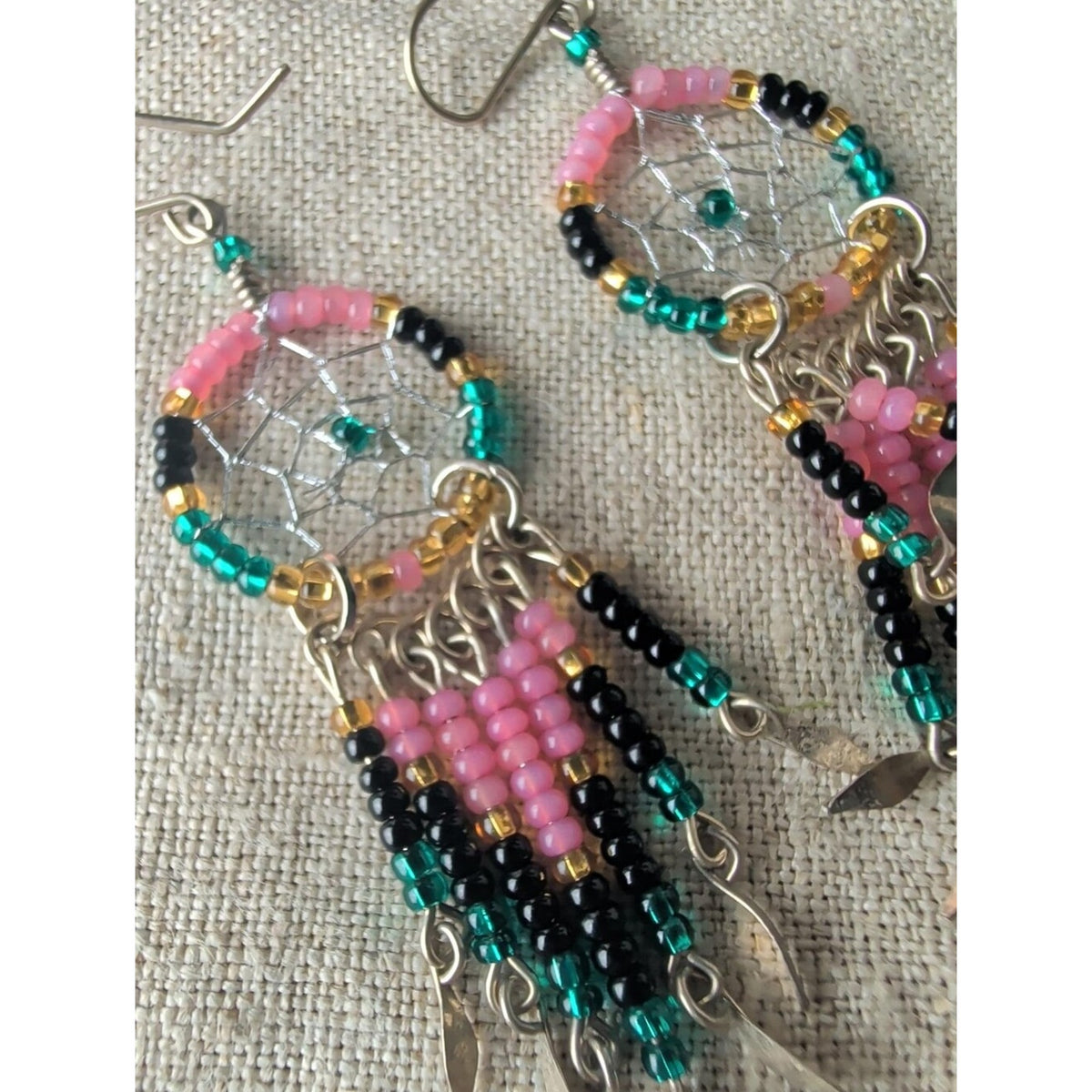 Sterling Silver Hook Glass Bead Dreamcatcher Earrings Southwestern Boho
