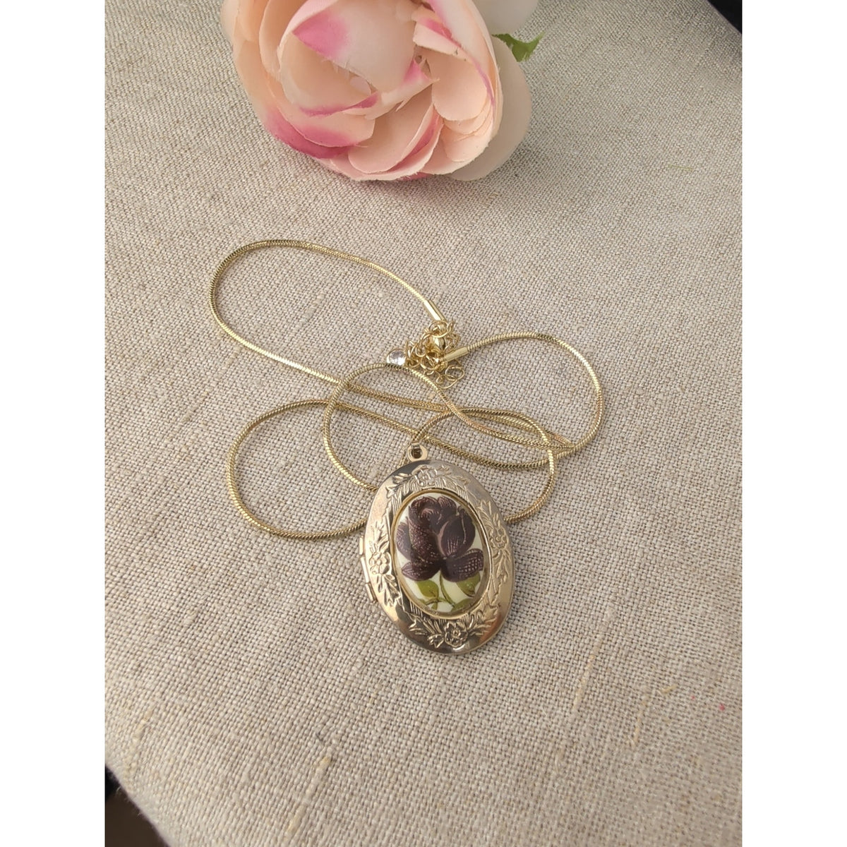 Vintage Cameo Locket Floral Pendant Necklace Revival Jewelry Gold Tone