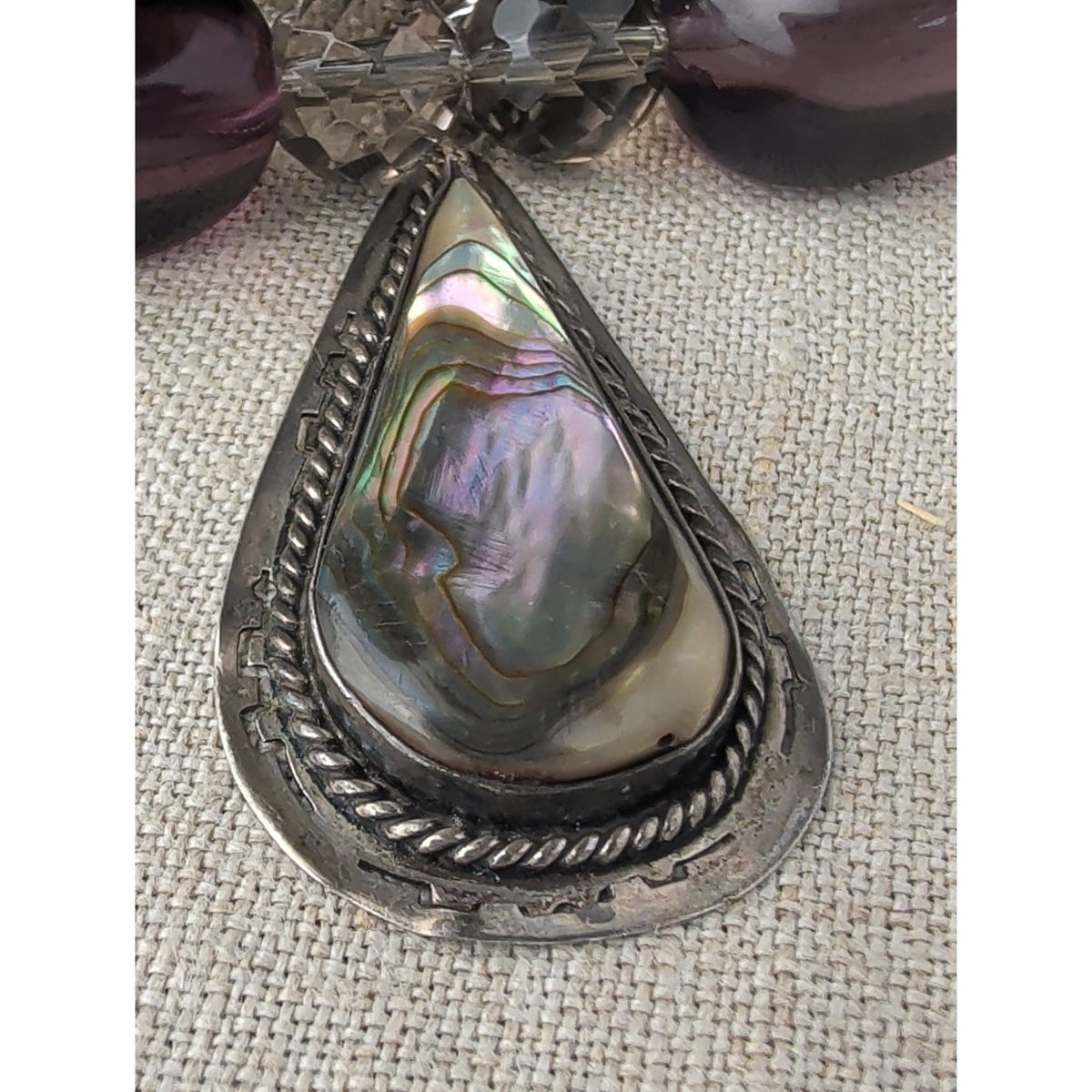 Vintage Mexican Sterling Silver Artisan Necklace, Inlay Abalone Shell Pendant, Iridescent Stick Pearl & Purple UV  Glass Beads, Signed DE 925