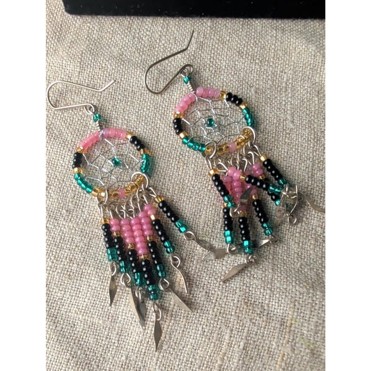 Sterling Silver Hook Glass Bead Dreamcatcher Earrings Southwestern Boho