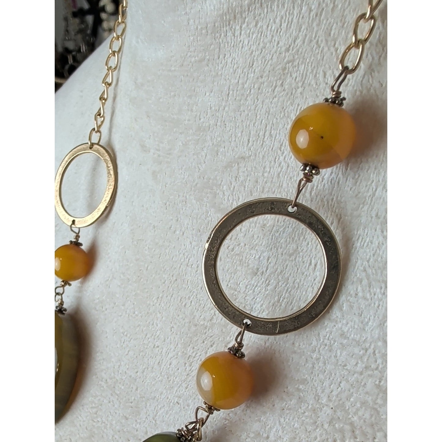 Gold Tone Statement Necklace with Genuine Green Agate & Glass Beads Asymmetric